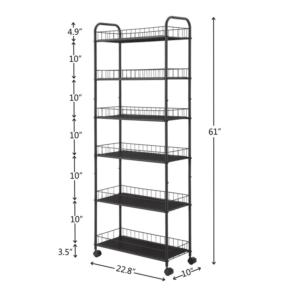 6-Tier Black Slim Rolling Storage Cart, Mobile Shelving Unit with Wheels, Metal Wire Storage Shelving Rack