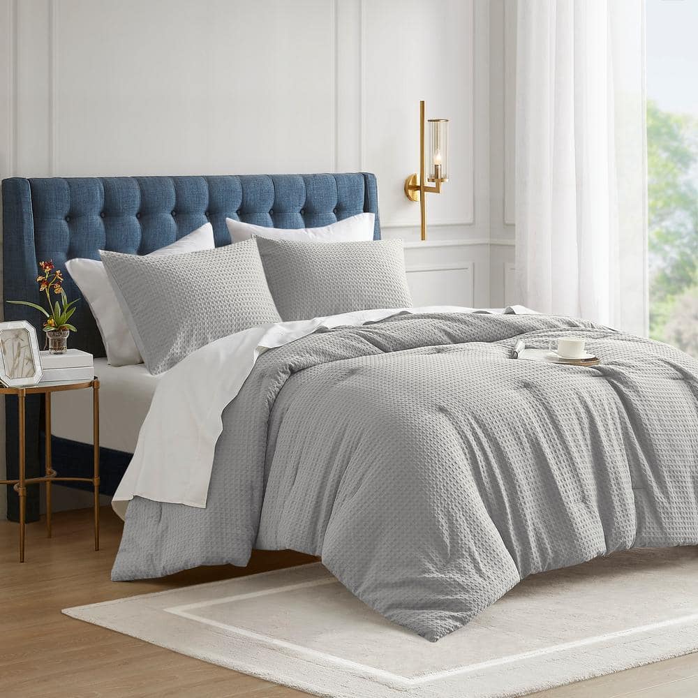 Mina 3-Piece Light Grey Full/Queen Waffle Weave Textured Comforter Set