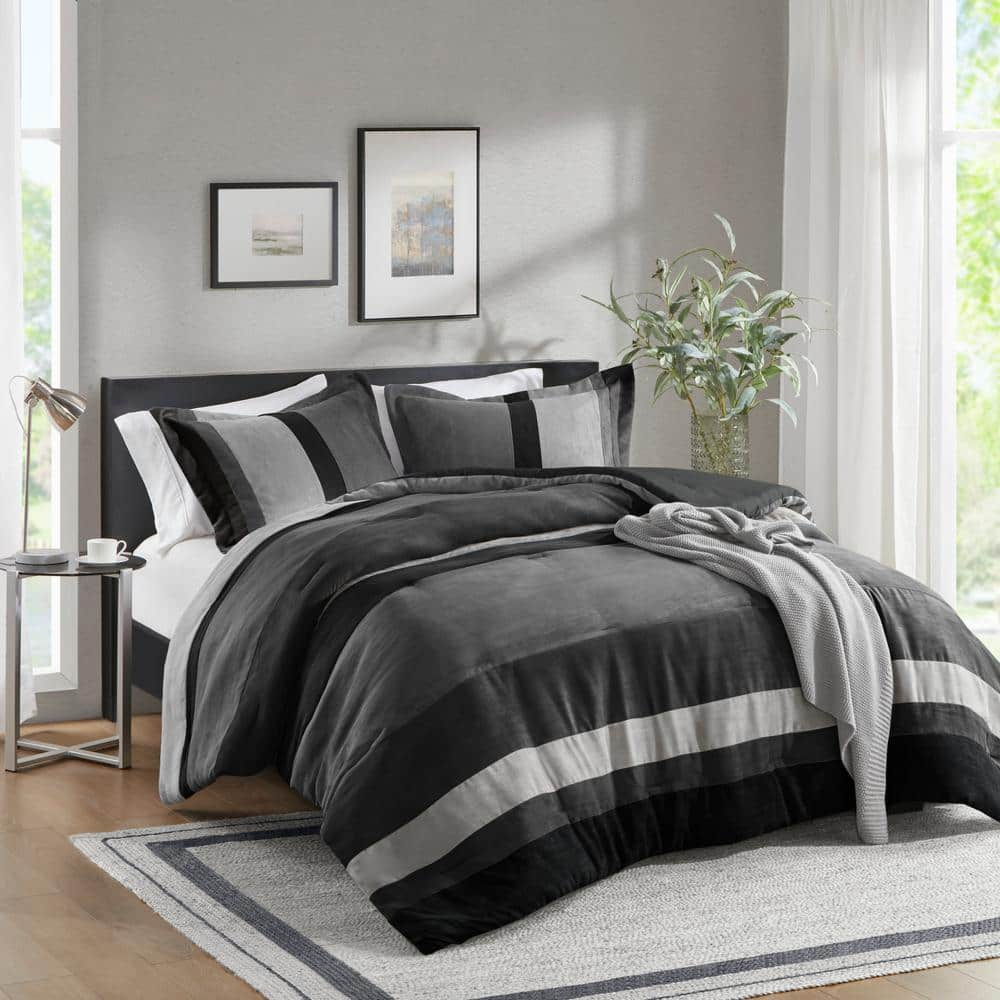 Boulder Stripe 2-Piece Black Twin/Twin XL Pieced Faux Suede Comforter Set