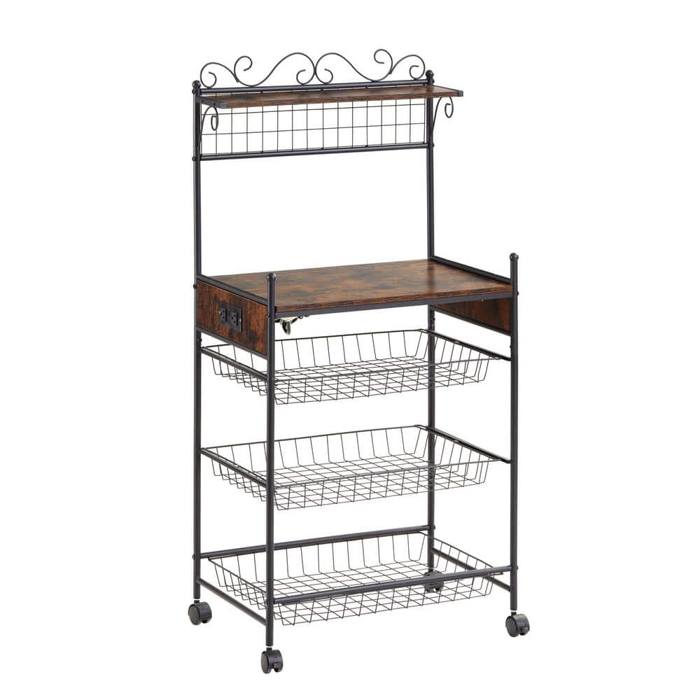 23 in. W Freestanding Removable Kitchen Storage Rack in Brown with Lockable Wheels, 3 Metal Baskets, Outlet