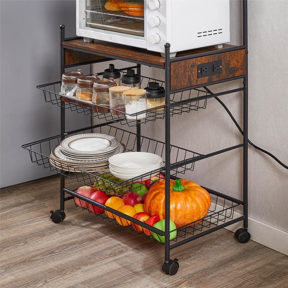 23 in. W Freestanding Removable Kitchen Storage Rack in Brown with Lockable Wheels, 3 Metal Baskets, Outlet