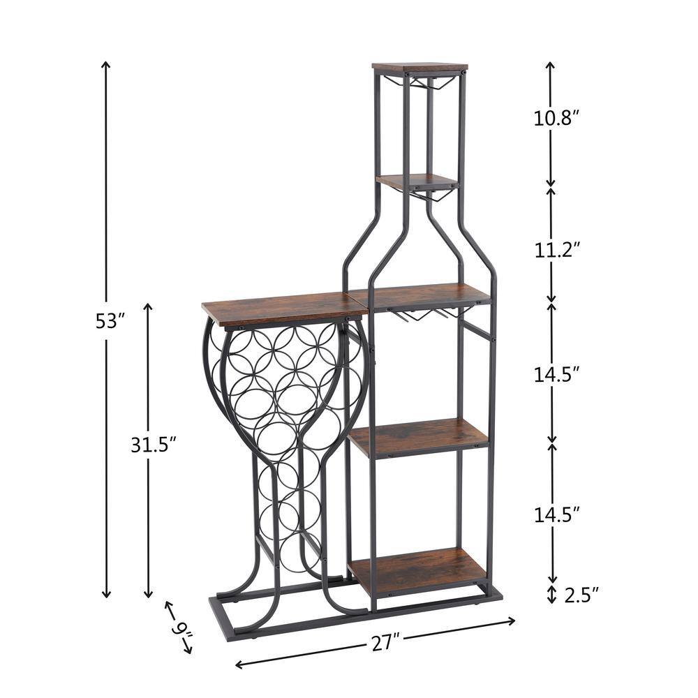 5-Tier Freestanding Wine Rack with Hanging Wine Glass Holder and Storage Shelves in Brown for Kitchen, Dining Room