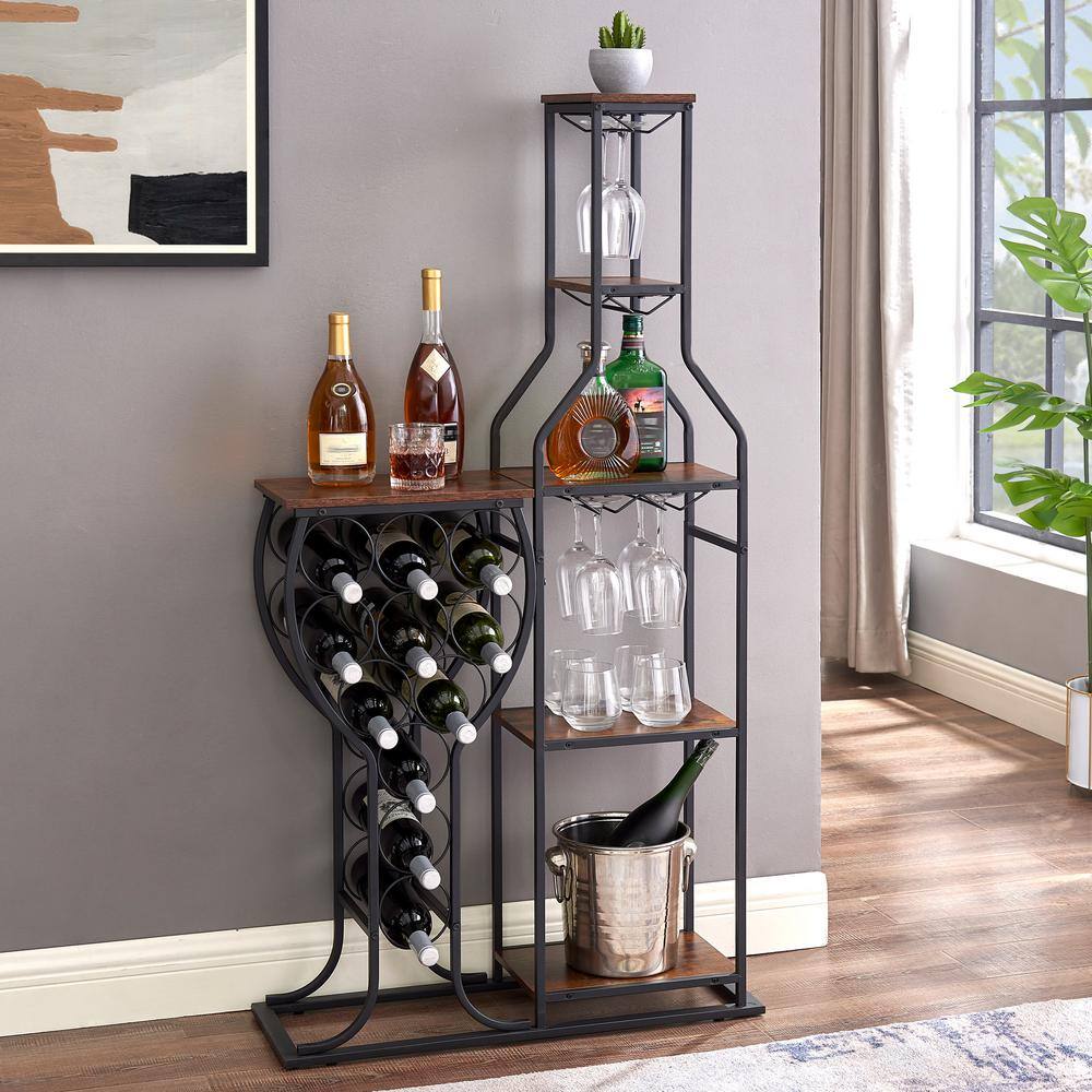 5-Tier Freestanding Wine Rack with Hanging Wine Glass Holder and Storage Shelves in Brown for Kitchen, Dining Room