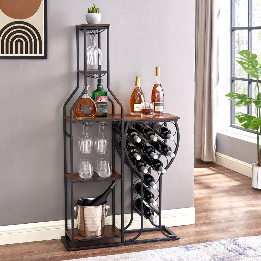 Antique brown 11-Bottle Wine Bakers Rack, 5-Tier Wine Rack with Hanging Wine Glass Holder and Storage Shelves