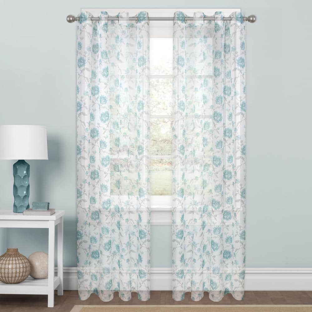 Aqua Floral Polyester 56 in. W x 84 in. L Rod Pocket Sheer Curtain Panel