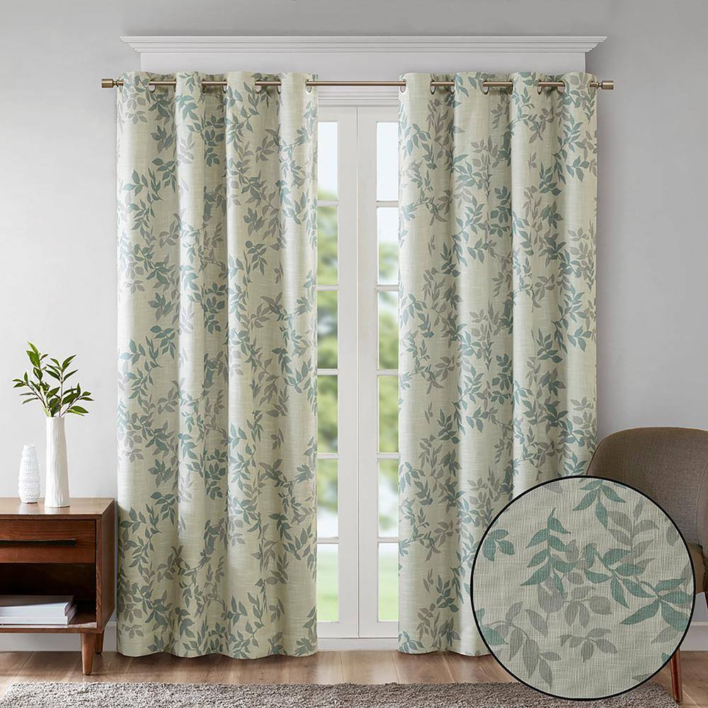 April Aqua Printed Botanical 50 in. W x 95 in. L Blackout Grommet Top Curtain