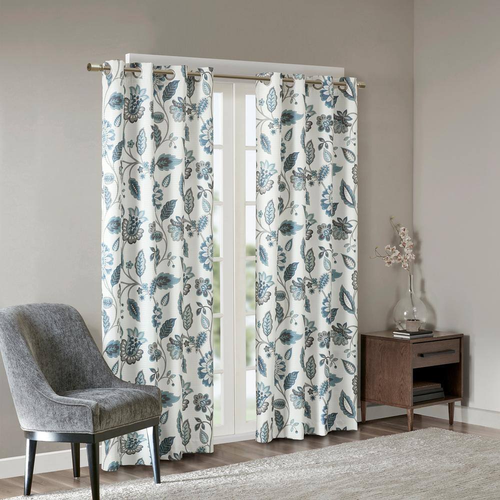 Laurel Aqua Floral Polyester 50 in. W x 84 in. L Room Darkening Curtain