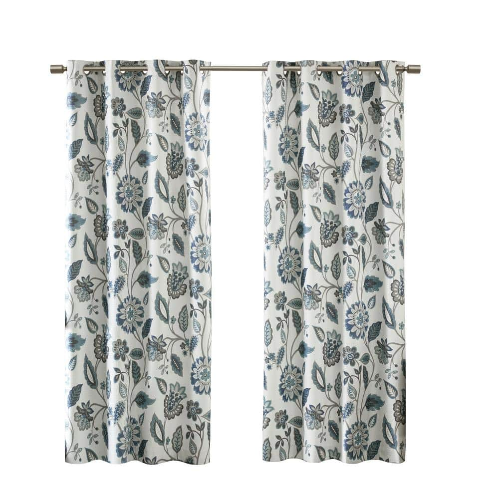 Laurel Aqua Floral Polyester 50 in. W x 84 in. L Room Darkening Curtain