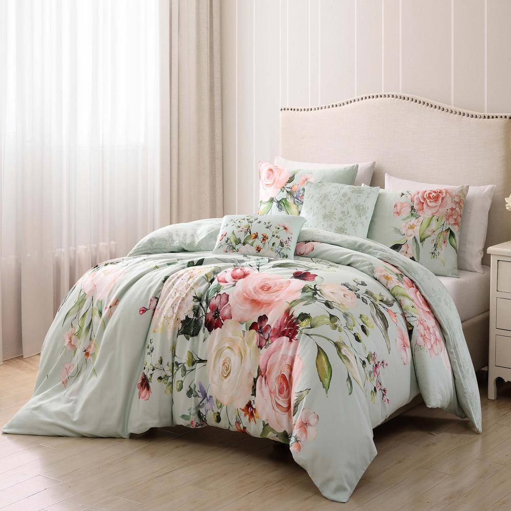 Rose on Misty Green 100% Cotton 230 Thread Count 5-Piece Reversible Comforter Set