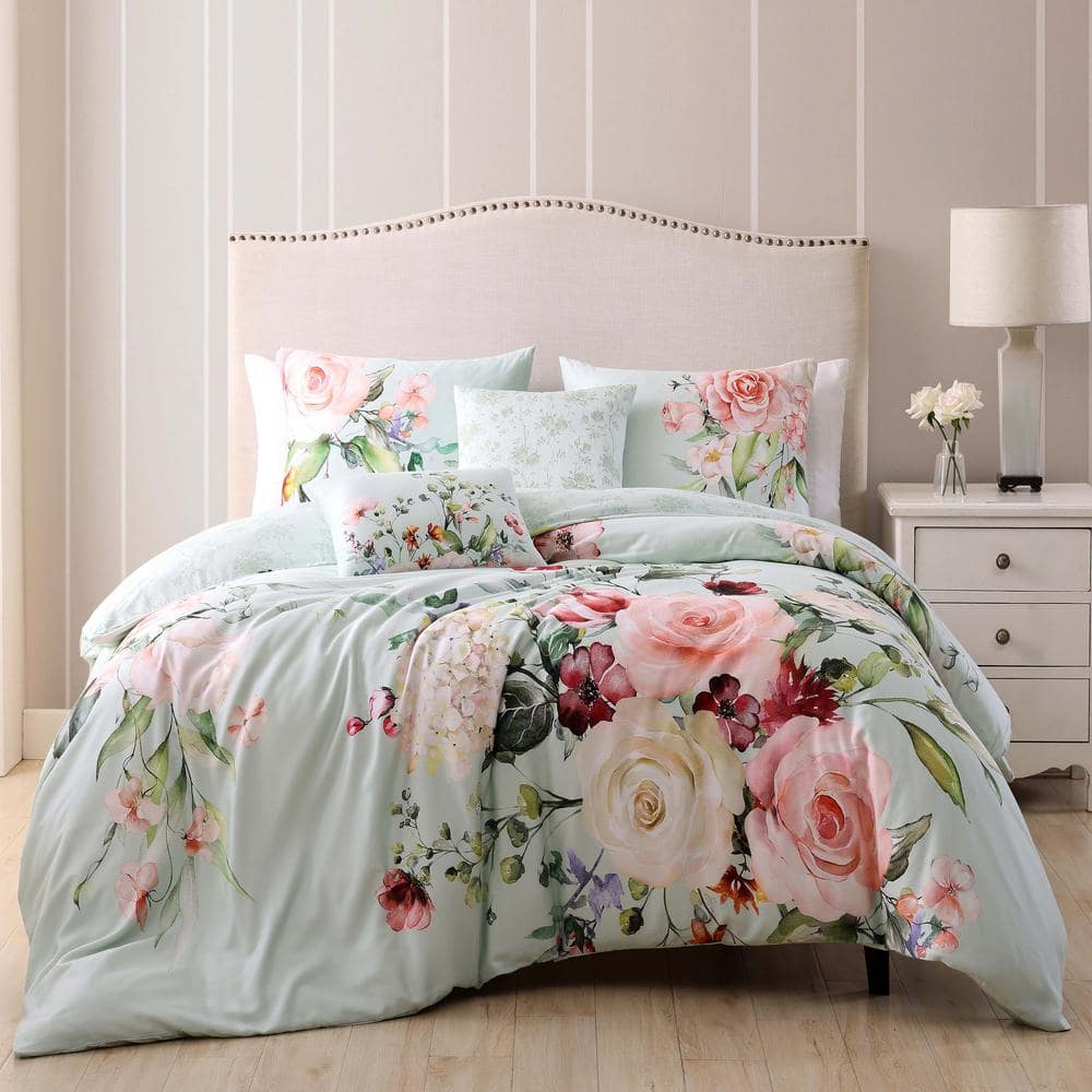 Rose on Misty Green 100% Cotton 230 Thread Count 5-Piece Reversible Comforter Set