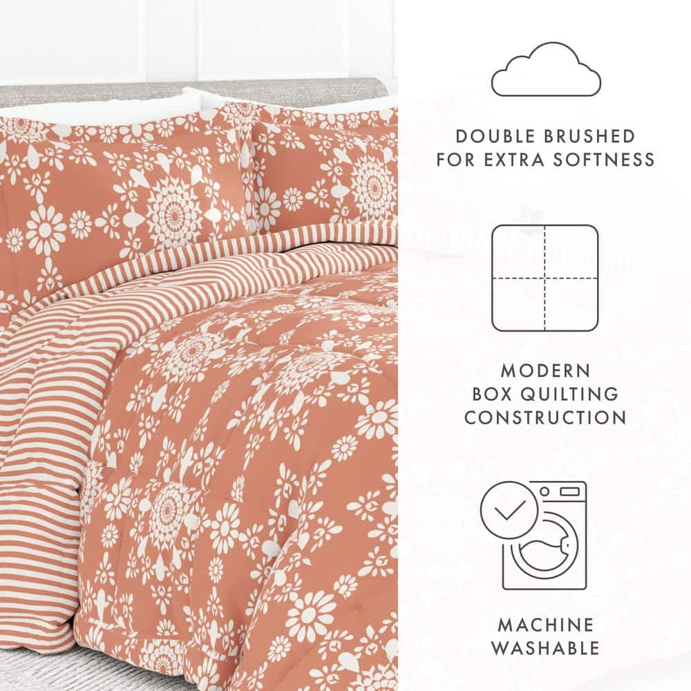 3-Piece Clay Daisy Medallion Pattern Reversible Microfiber King / California King Down-Alternative Comforter Set