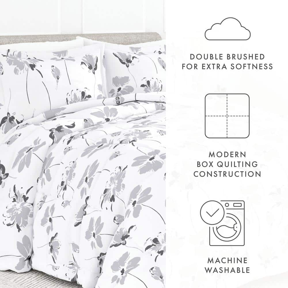 Premium Down Alternative Light Gray Magnolia Grey Patterned Microfiber King Comforter Set