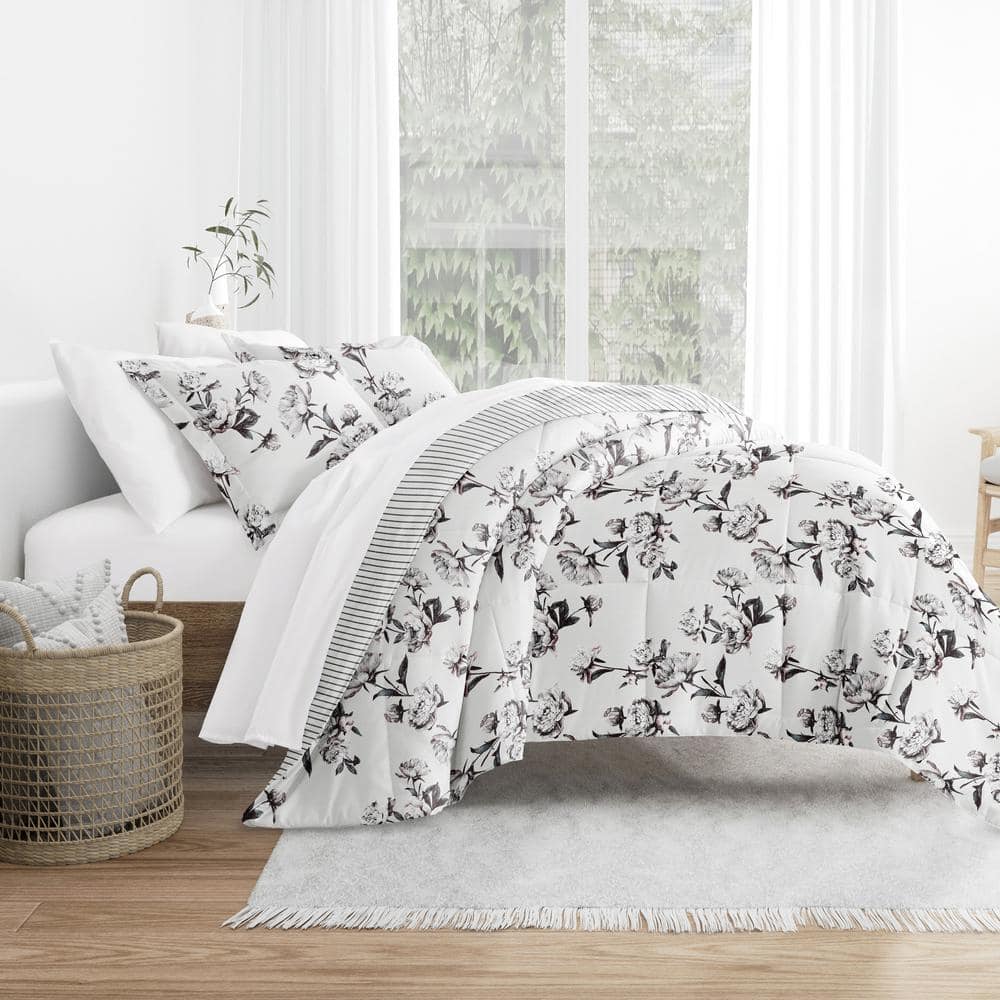 Patterned Reversible Microfiber Down-Alternative Ultra Soft Twin Comforter Set in Vintage Magnolia Stripe Gray