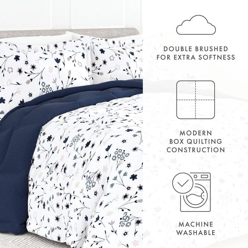 Premium Down Alternative Navy Forget Me Not Reversible Microfiber Queen Comforter Set