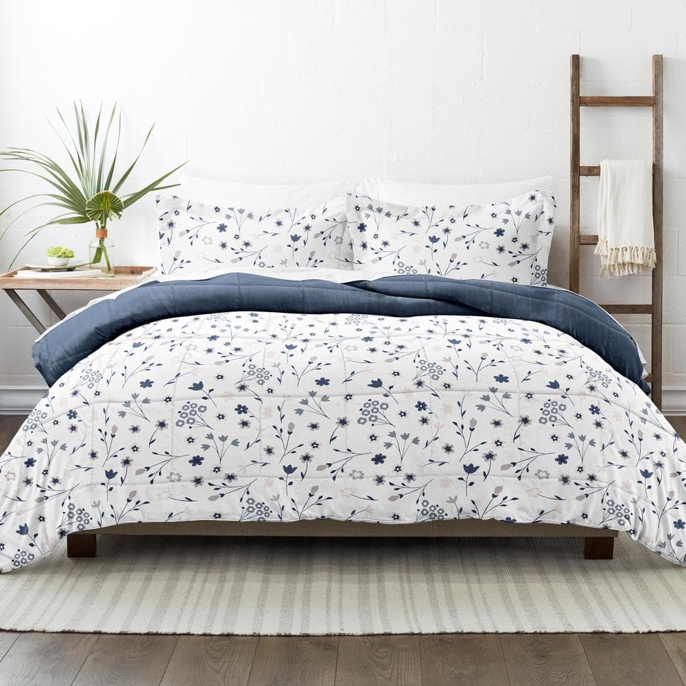 Premium Down Alternative Navy Forget Me Not Reversible Microfiber Queen Comforter Set