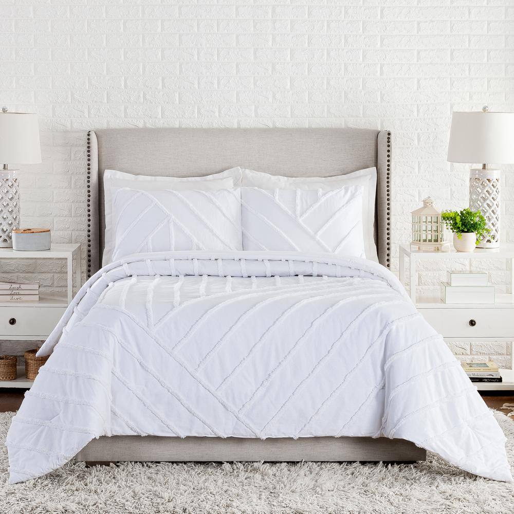 Chenille Chevron 3-Piece White Solid Cotton King Comforter Set