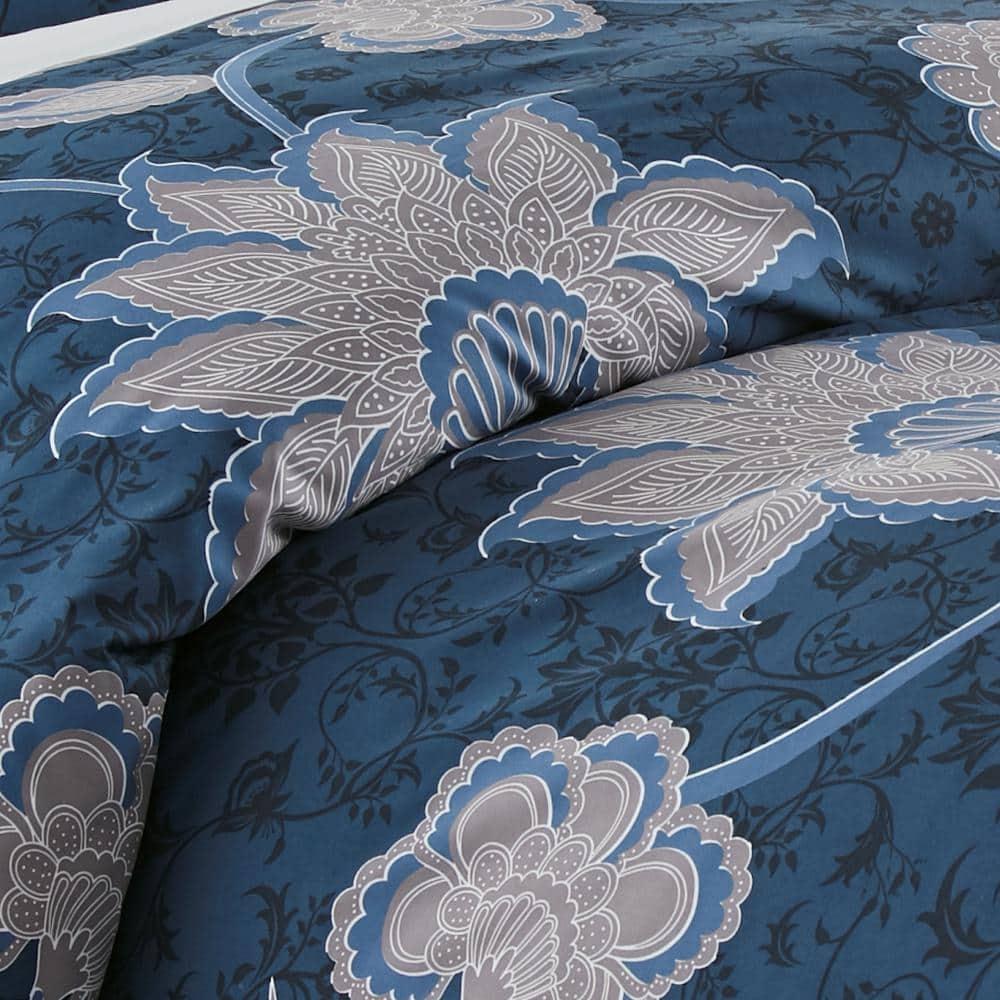 Grand Floral 3-Piece Blue Floral Microfiber King/Cal King Comforter Set