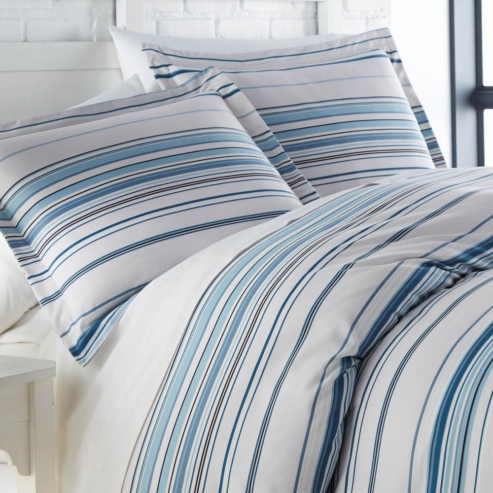 Coastal Stripe 3-Piece Blue Stripe Microfiber Full/Queen Comforter Set