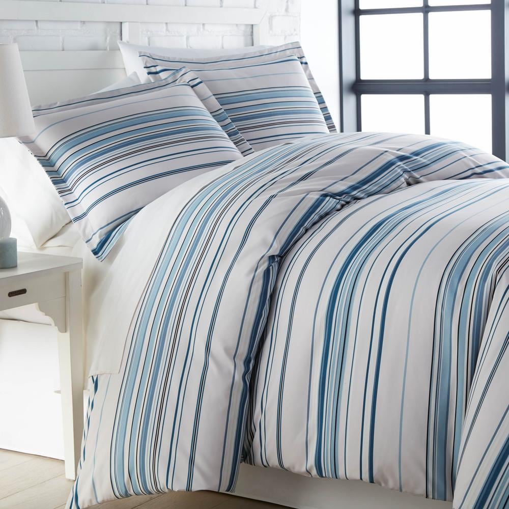 Coastal Stripe 3-Piece Blue Stripe Microfiber Full/Queen Comforter Set