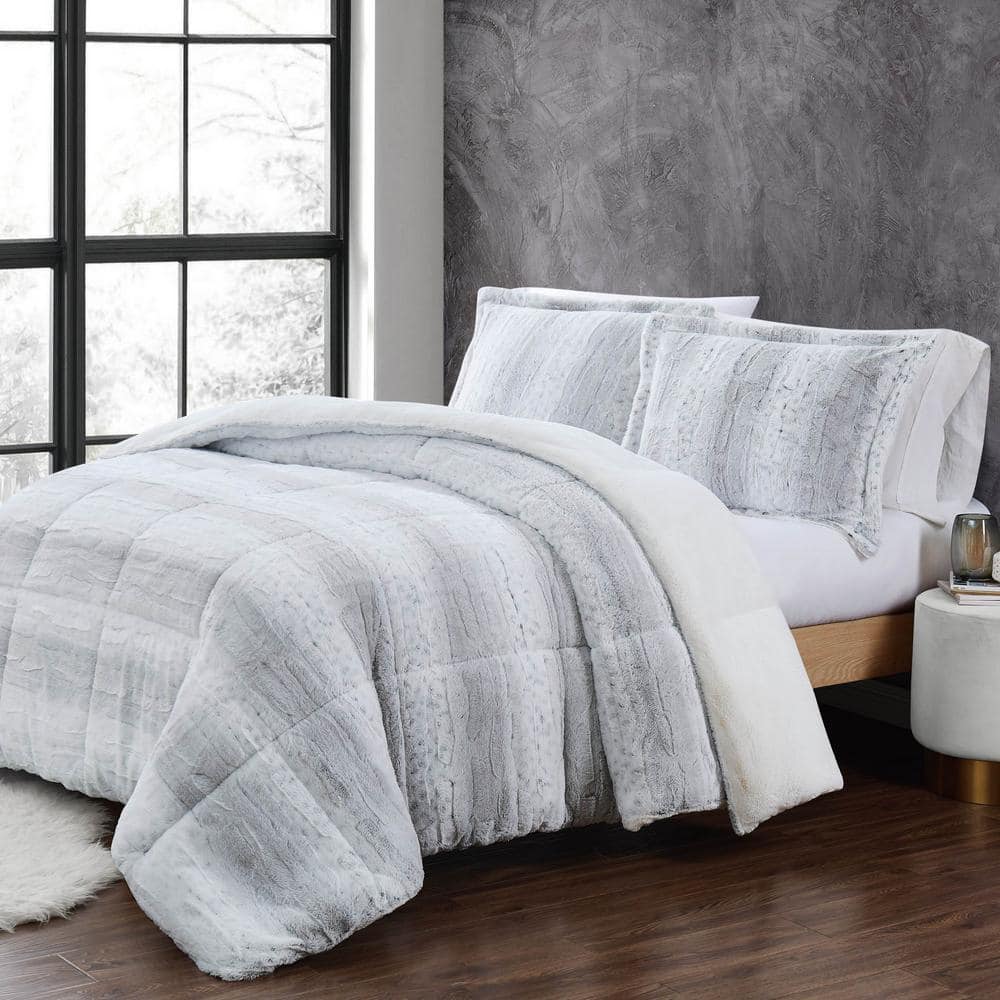 Snow Leopard 3-Piece Grey Faux Fur King Comforter Set