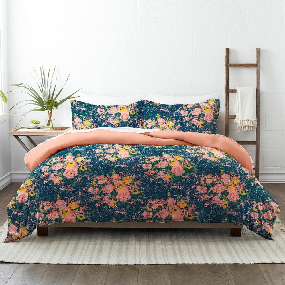 3-Piece Navy Floral Reversible Microfiber Twin/Twin XL Comforter Set