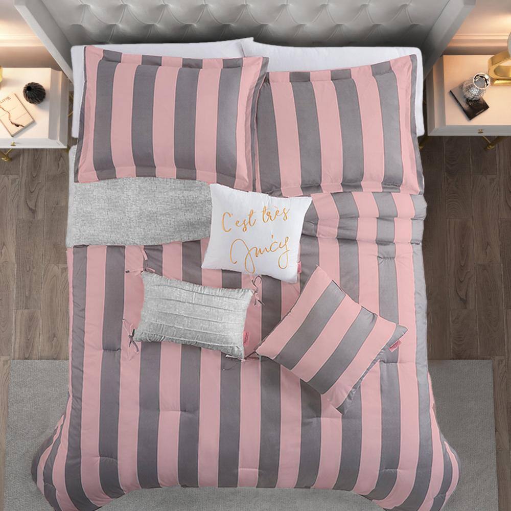 Grey/Pink Juicy Cabana Stripe King Microfiber Comforter Set