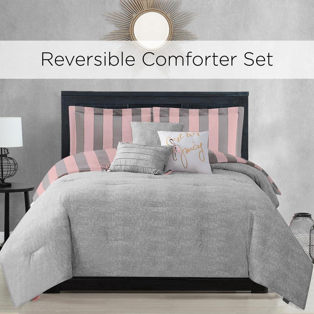 Grey/Pink Juicy Cabana Stripe King Microfiber Comforter Set