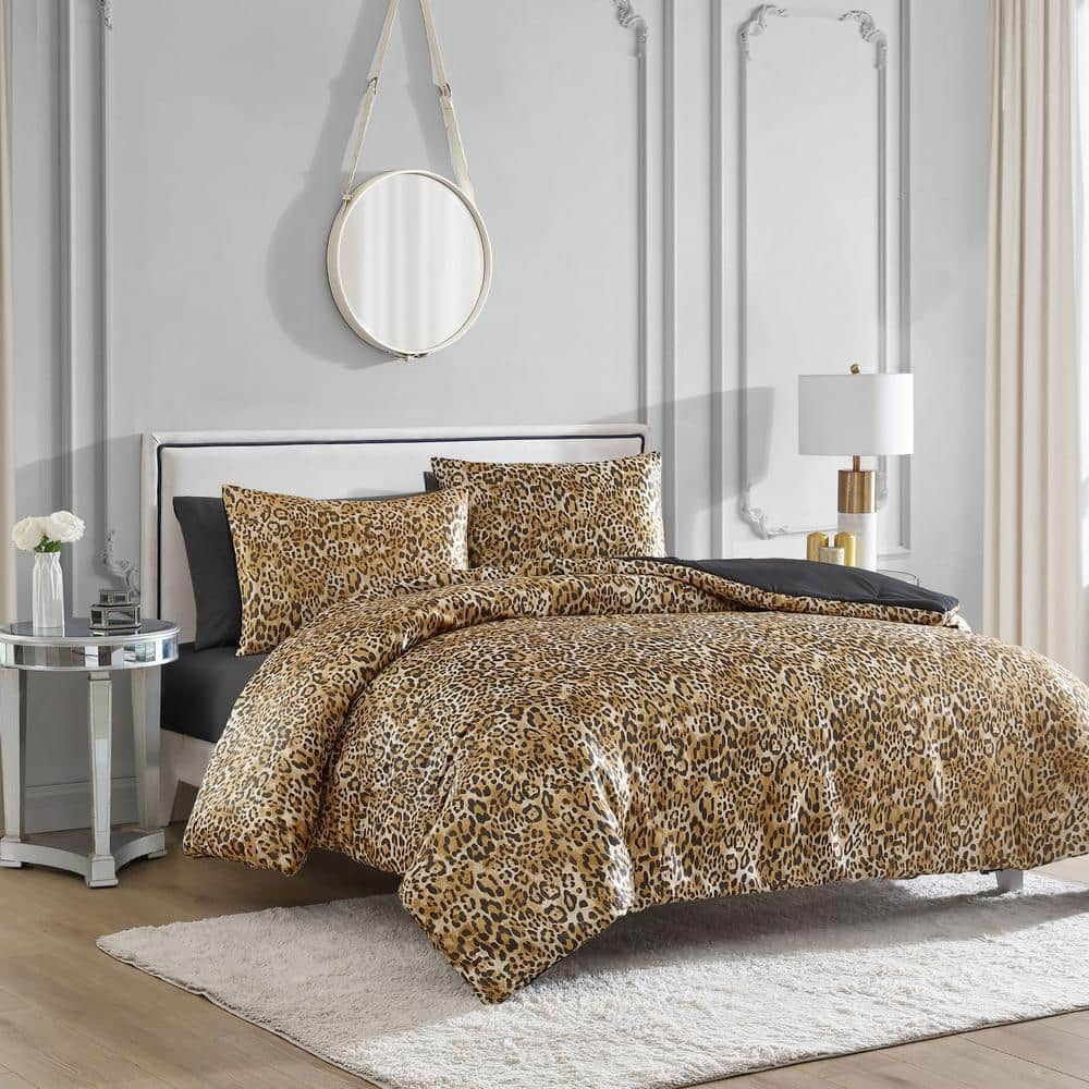 Monica Leopard Brown Satin 3-Piece Reversible Queen Comforter Set