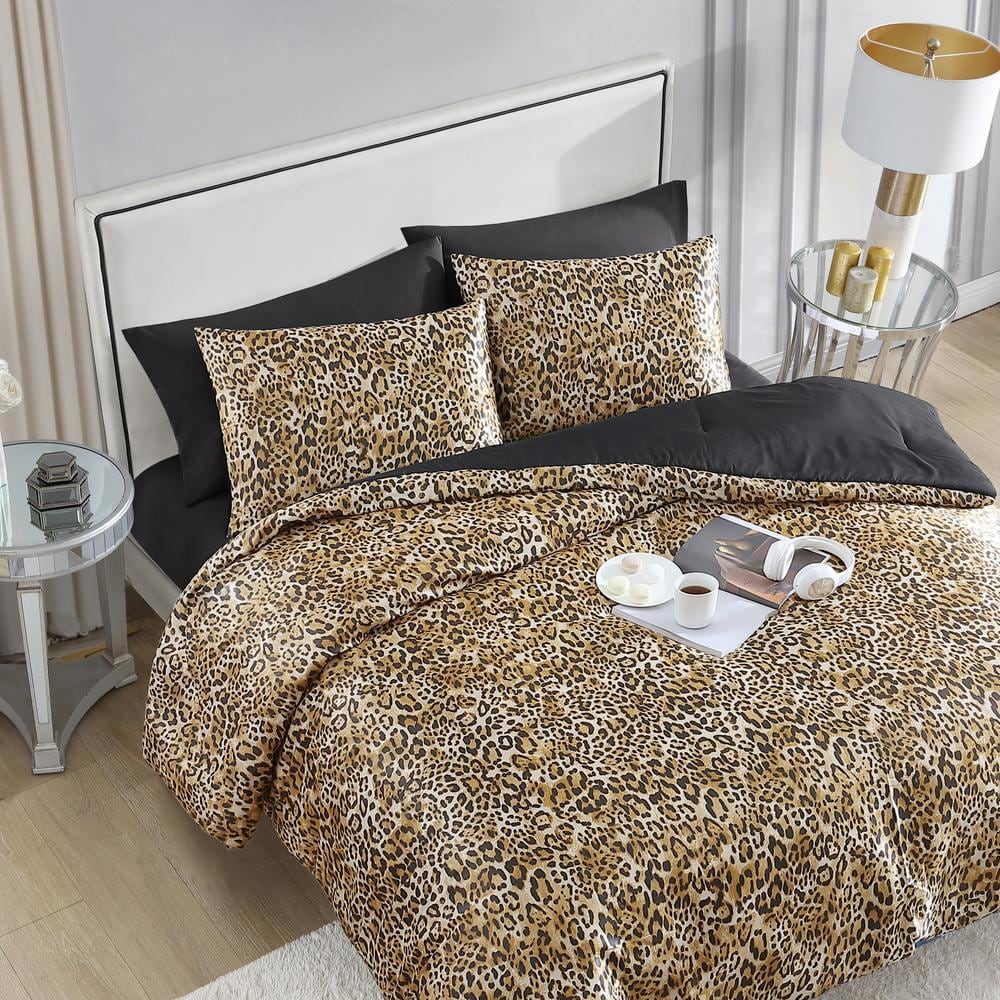 Monica Leopard Brown Satin 3-Piece Reversible Queen Comforter Set