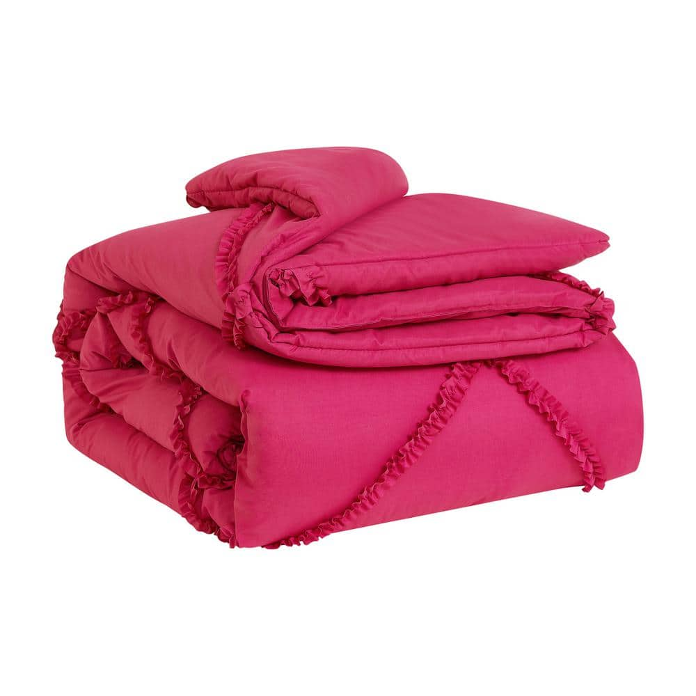 Diamond Ruffle 3-Piece Hot Pink King Microfiber Reversible Comforter Set