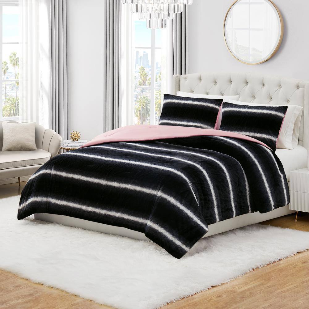 Juicy Ombre Stripe Faux Fur 3-Piece Reversible Microfiber Black/White Queen Comforter Set