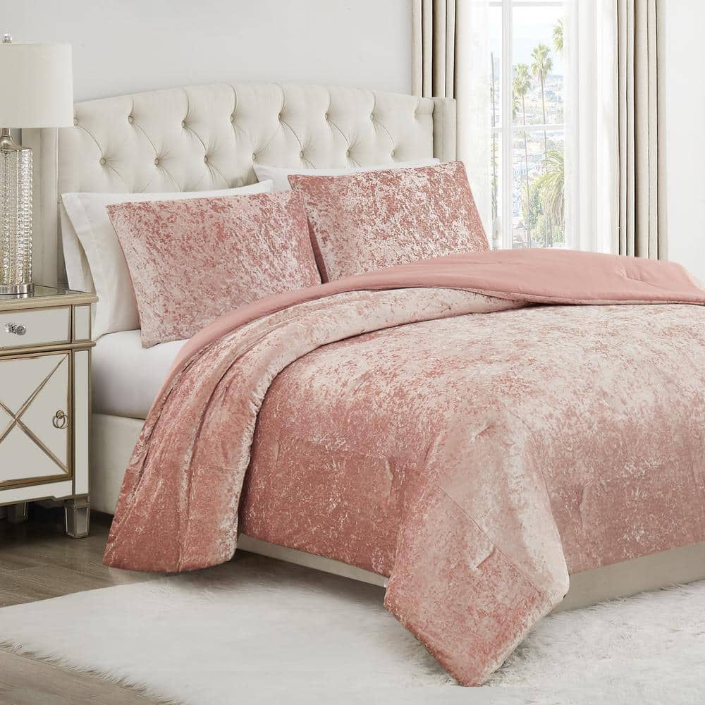 Juicy Crushed Velvet 3-Piece Pink Microfiber Queen Comforter Set