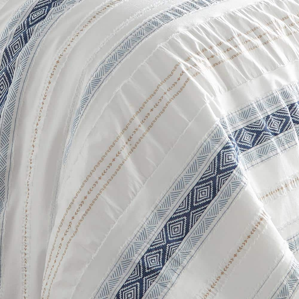 Pickford Blue 3-Piece White, Blue, Taupe Stripe, Geometric Cotton King/Cal King Comforter Set