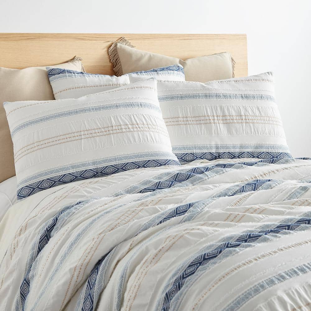 Pickford Blue 3-Piece White, Blue, Taupe Stripe, Geometric Cotton King/Cal King Comforter Set