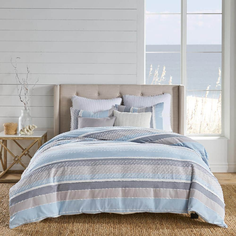 Santander 3-Piece Blue, Grey Knot Fray Stripe Cotton Full/Queen Comforter Set