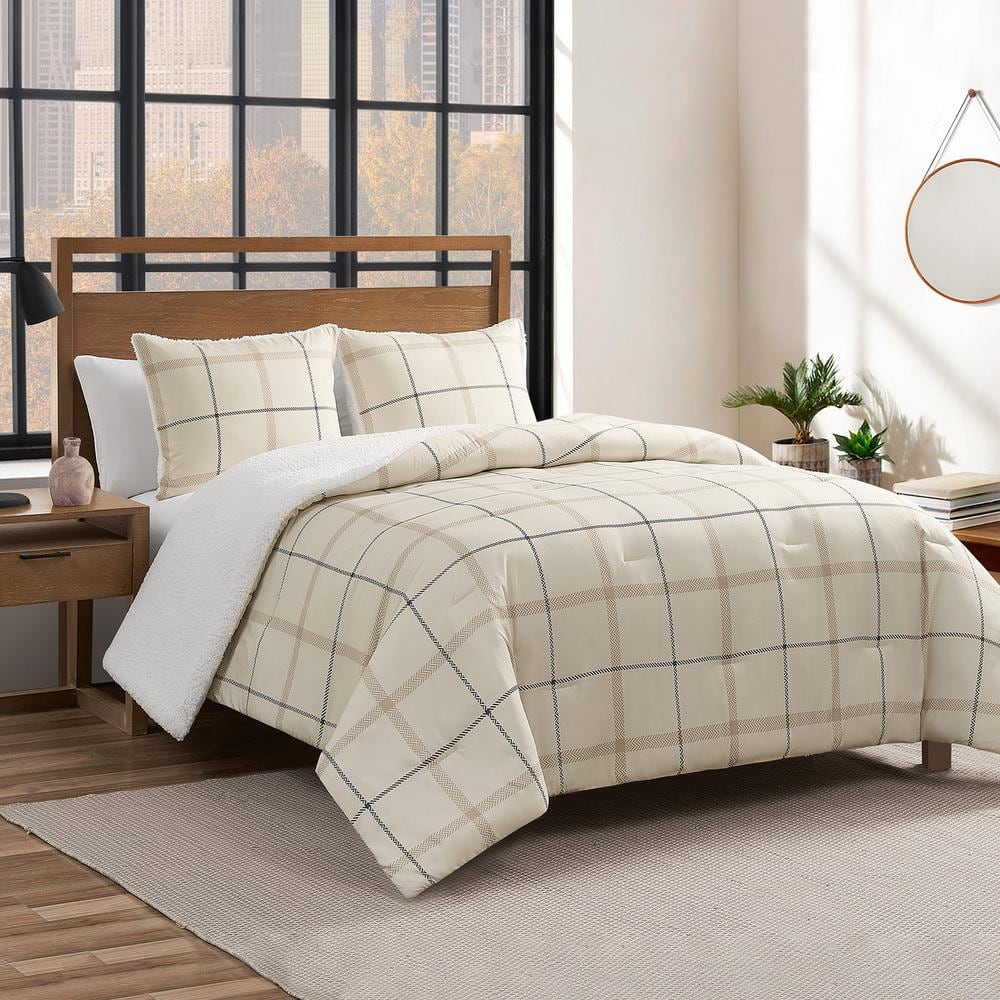 Sherpa 3-Piece Plaid Beige Microfiber King Comforter Set