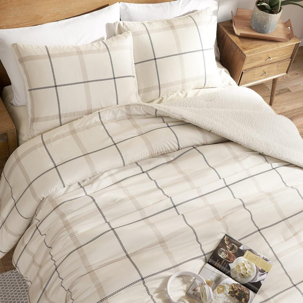 Sherpa 3-Piece Plaid Beige Microfiber King Comforter Set