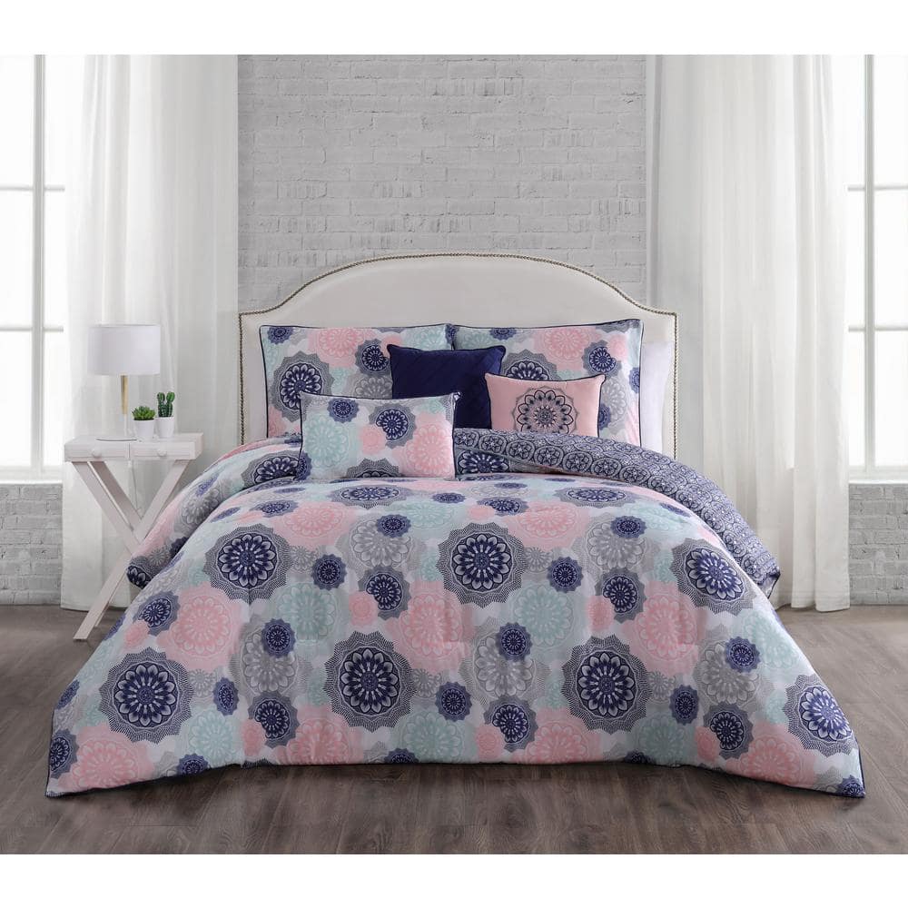 Lorna 6-Piece Navy/Blush King Comforter Set