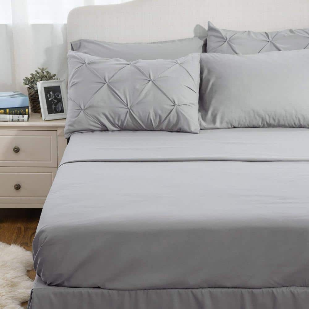 King Size Comforter Set 7 Pieces, Pintuck Bed in a Bag with Comforter, Bed Sheet, Pillowcases and Sham, Grey Bed Set