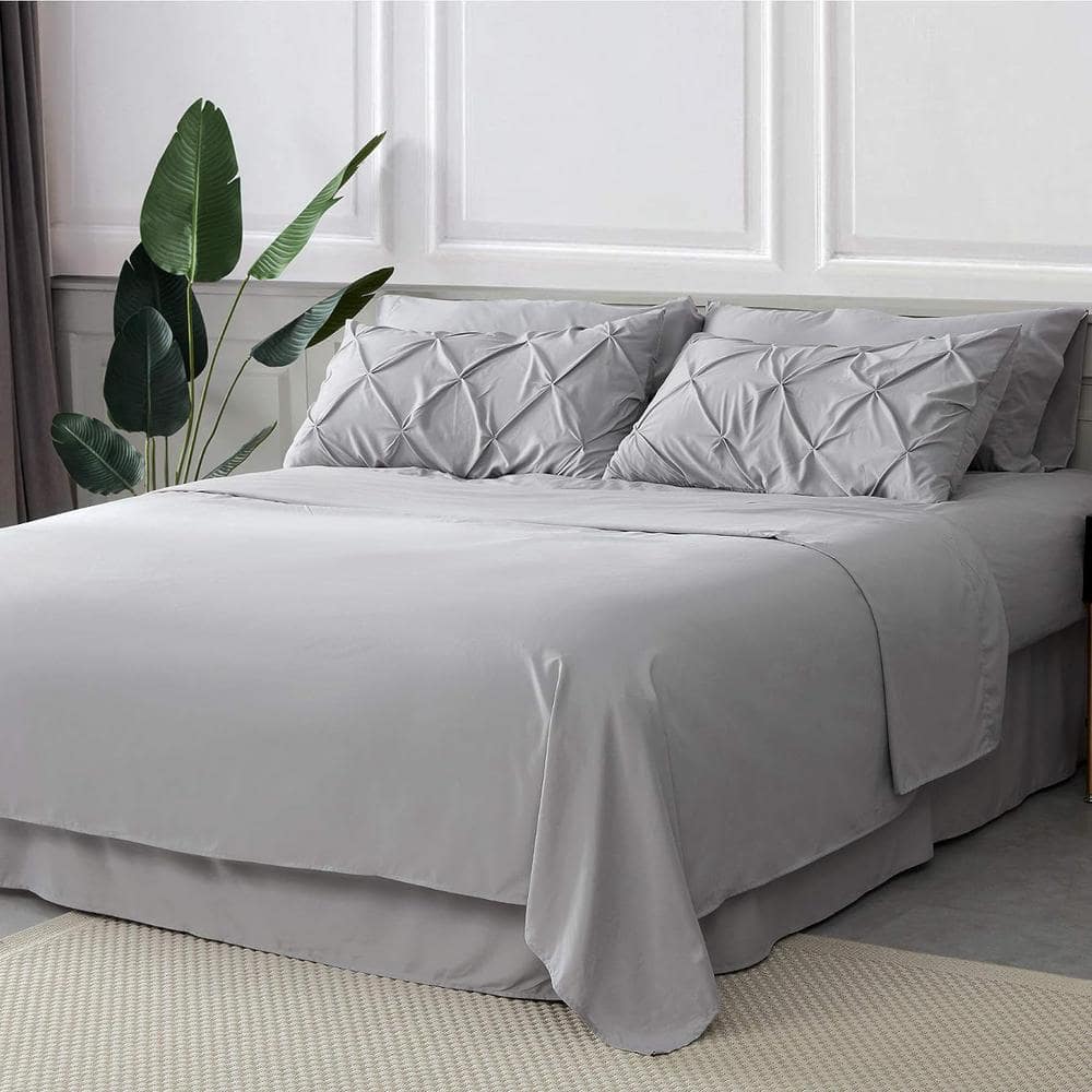 King Size Comforter Set 7 Pieces, Pintuck Bed in a Bag with Comforter, Bed Sheet, Pillowcases and Sham, Grey Bed Set