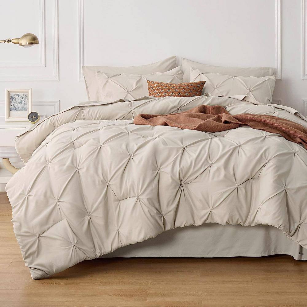 King Size Comforter Set 7 Pieces, Pintuck Bed in a Bag with Comforter, Bed Sheet, Pillowcases and Shams, Beige Bed Set