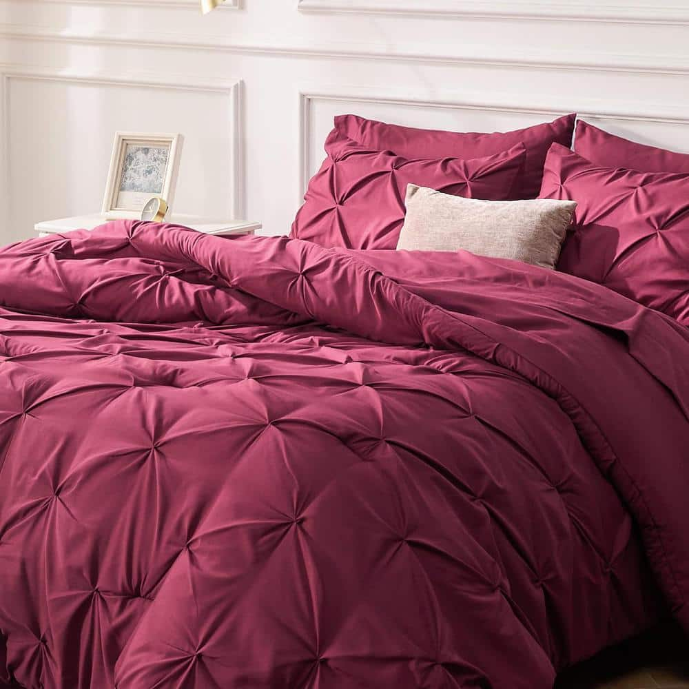 King Size Comforter Set 7 Pieces, Pintuck Bed in a Bag with Comforter, Bed Sheet, Pillowcases and Shams, Burgundy