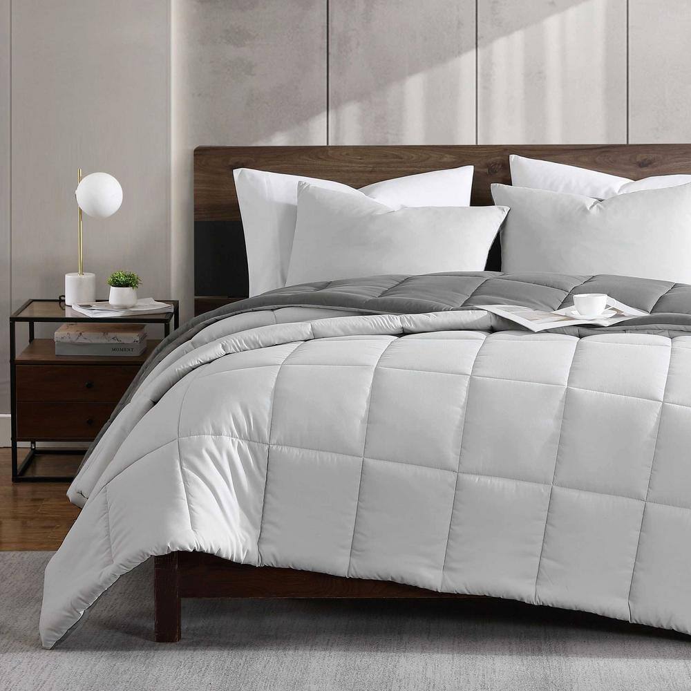 KCNY Solution Solid Grey 2-Piece Microfiber Twin Reversible Hypoallergenic Comforter Sham Set