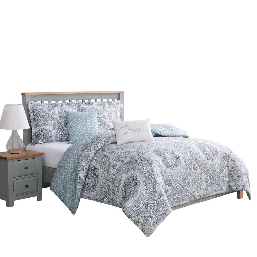 Picadilly Blue and Gray Twin 4-Piece Microfiber Reversible Comforter Set