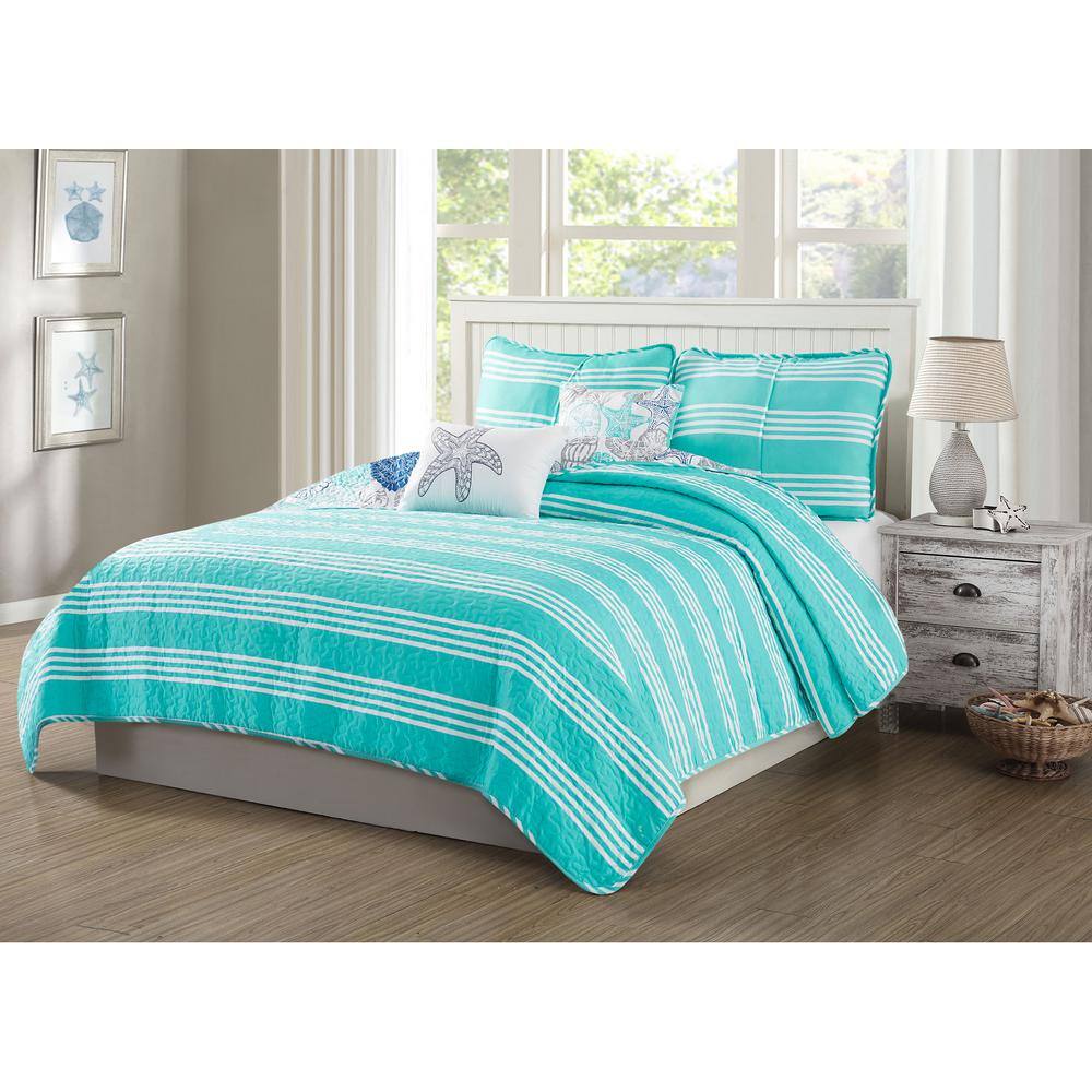 Kai 4-Piece Turquois/White Coastal Reversible Twin Size Quilt Set