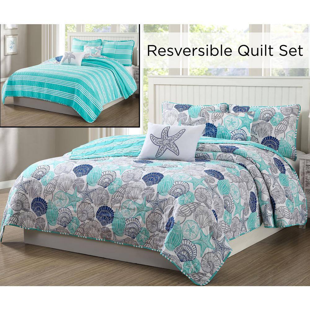 Kai 4-Piece Turquois/White Coastal Reversible Twin Size Quilt Set