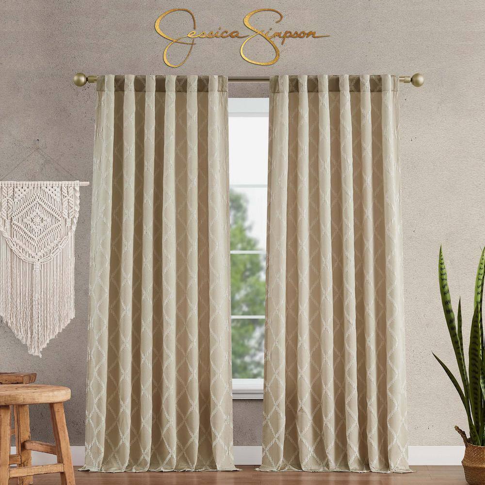 Lynee Textured 52 in. W x 96 in. L Polyester Blackout Back-Tab Tiebacks Curtain in Beige (2-Panels)