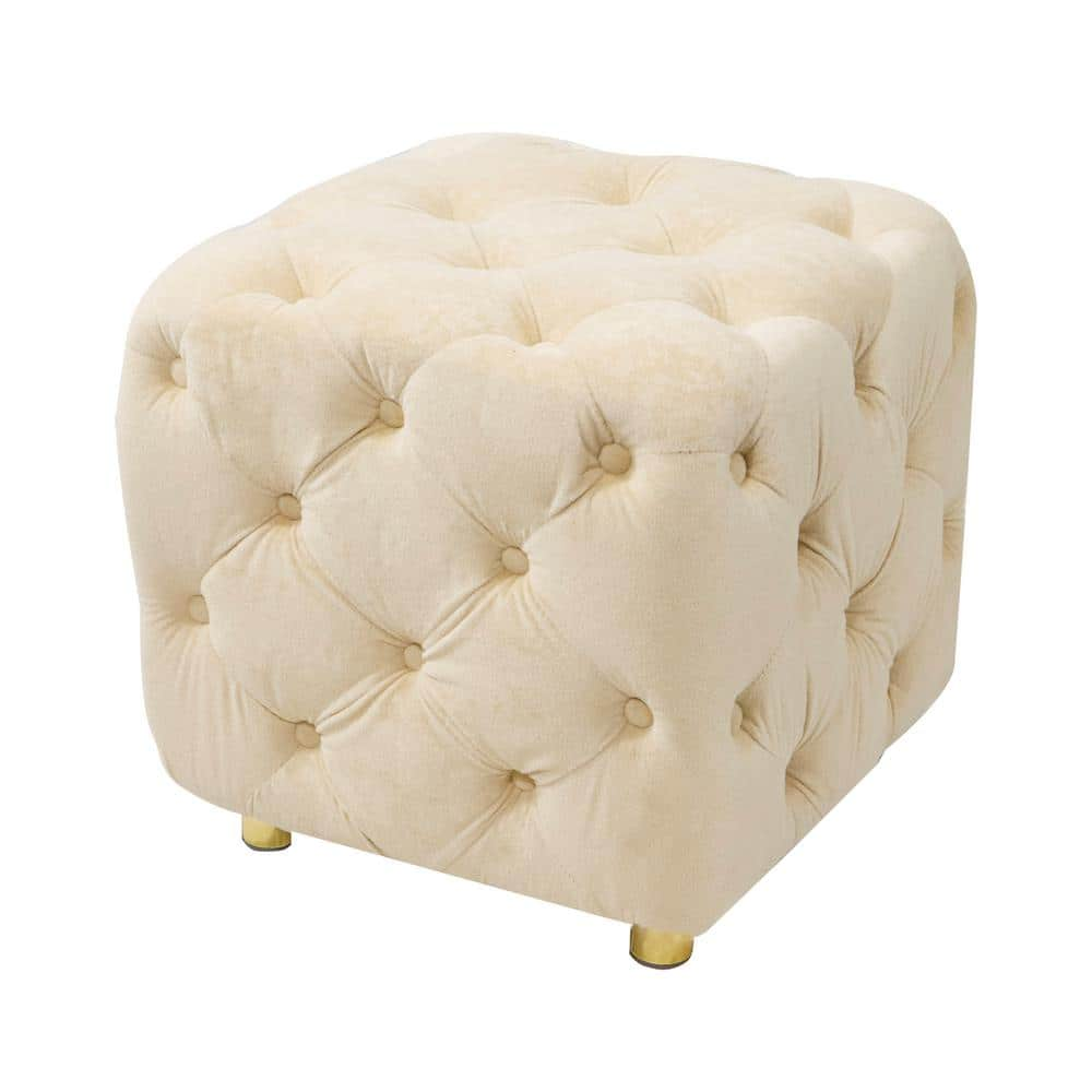 1-Shelf Beige Pantry Organizer with Beige Velvet Upholstered Ottoman, Foot Stool for Bedroom