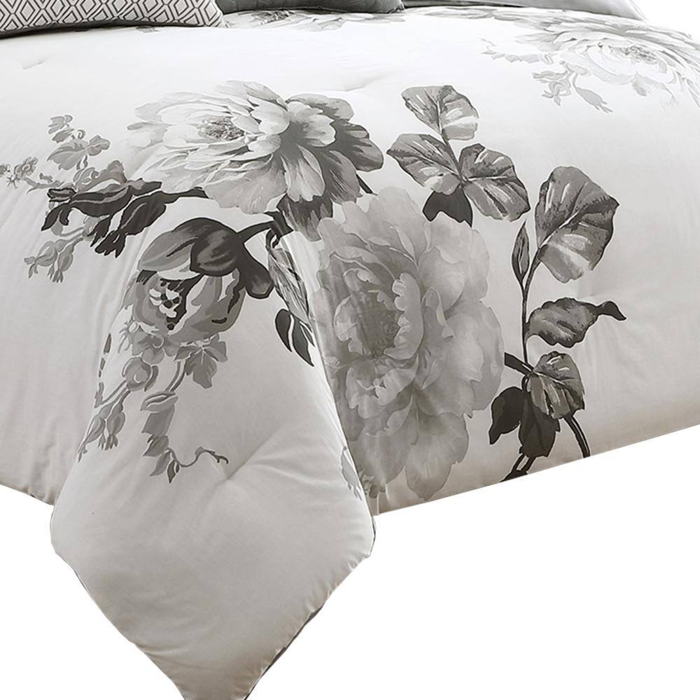 7-Piece Gray and White Floral Cotton Queen Comforter Set