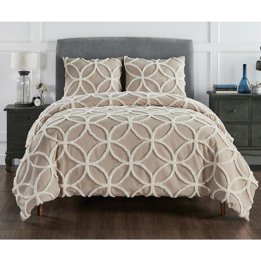 Wedding Ring 2-Tone 3-Piece Taupe/Ivory King 100% Cotton Comforter Set